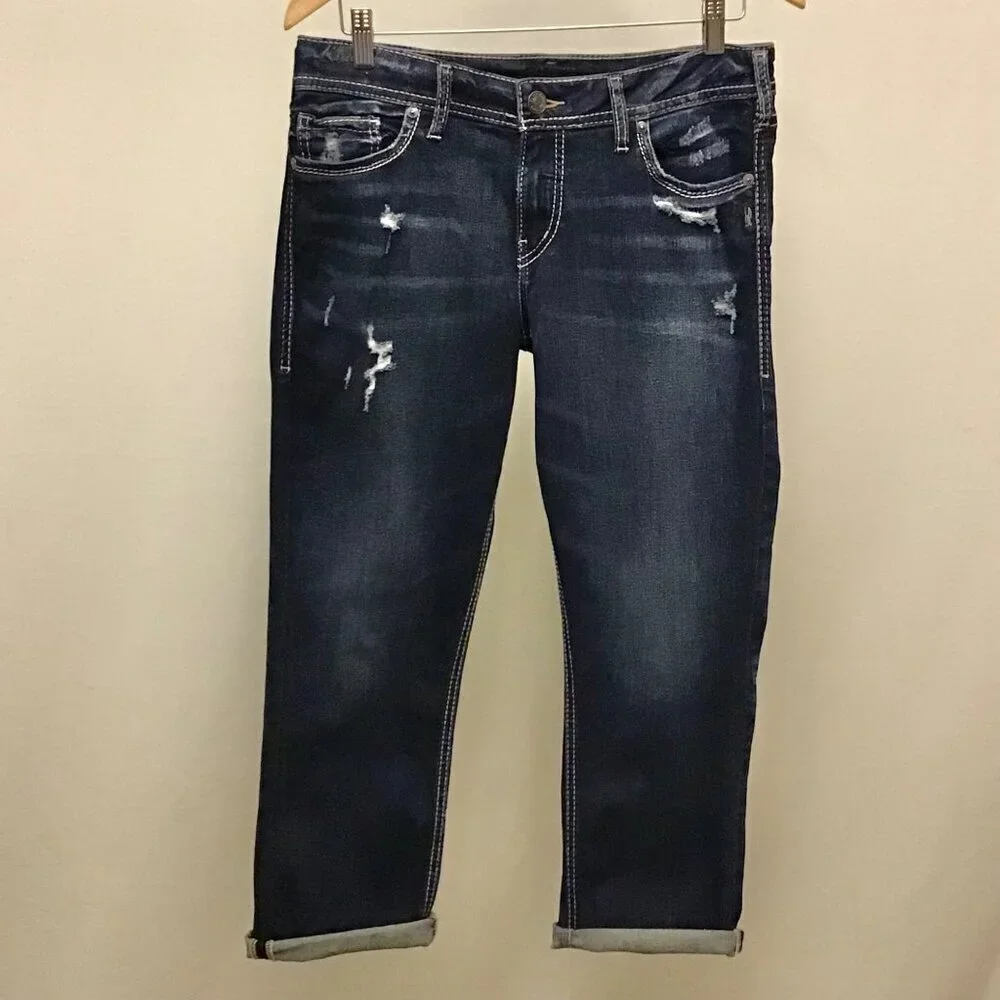 Silver Jeans 31 (10) Suki Capri Women’s Jeans Mid Rise Stretch Distressed - Picture 3 of 11